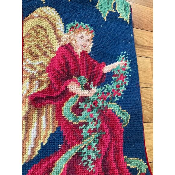 Vintage Needlepoint Angel Christmas Stocking Burgundy Holiday Stocking Cottage - Picture 2 of 5
